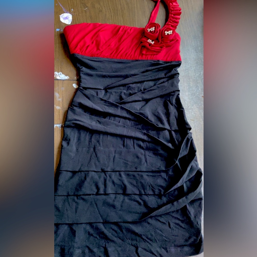 Worn Once- One Shoulder Homecoming Dress. Black & Red with gem accents.